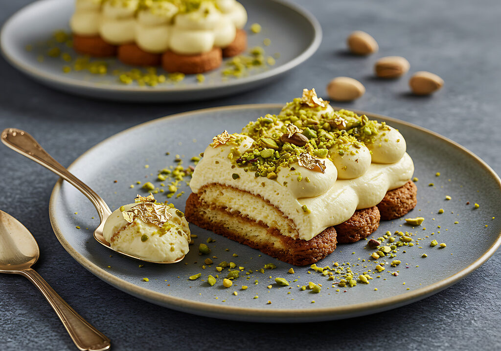tiramisu pistache dessert structuré pâtisserie professionnelle texture crème biscuit dressage moderne